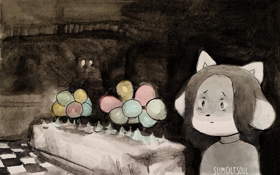 anthro balloon being_watched bleak_ambiance checkered checkered_floor clothed clothing duo furniture glowing glowing_eyes hair inflatable looking_at_another solo_focus sweater table topwear turtleneck white_body remy_boydell undertale undertale_(series) temmie_(undertale) canid canine felid feline mammal tem 2015 monochrome spot_color