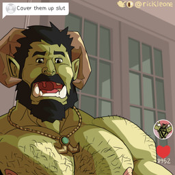beard body_hair chest_hair facial_hair horn male muscular muscular_male nipples not_furry pecs shoulder_hair solo text rickleone cover_them_up_slut bron_greenwood humanoid orc 1:1 english_text hi_res meme