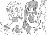 anthro anthrofied bowed_string_instrument breasts cello clothed clothing dress duo electronic_musical_instrument electronics female hair horn long_hair musical_instrument simple_background string_instrument synthesizer white_background tg-0 friendship_is_magic hasbro my_little_pony mythology octavia_(mlp) vinyl_scratch_(mlp) earth_pony equid equine horse mammal mythological_creature mythological_equine pony unicorn monochrome