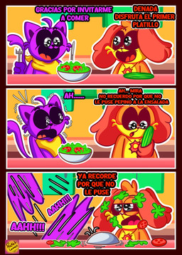 anthro duo food male neckwear orange_body pickle_(food) purple_body salad scared screaming text rocketlennon mob_entertainment poppy_playtime smiling_critters catnap_(poppy_playtime) dogday_(poppy_playtime) canid canine canis domestic_cat domestic_dog felid feline felis mammal absurd_res comic hi_res spanish_text