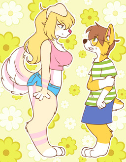 ahoge anthro bedroom_eyes big_breasts blonde_hair blue_bottomwear blue_clothing blue_eyes blue_shorts bodily_fluids bottomwear breasts brown_nose cheek_tuft clothed clothing crop_top curled_tail duo facial_tuft female fluffy fluffy_tail fur fur_markings green_clothing green_eyes green_shirt green_topwear hair half-closed_eyes larger_female looking_pleasured male male/female markings midriff motion_lines multicolored_body multicolored_fur narrowed_eyes nervous nub_tail pattern_clothing pattern_shirt pattern_topwear paws pink_body pink_clothing pink_fur pink_nose pink_shirt pink_topwear seductive shirt shorts simple_background size_difference smaller_male smile standing striped_clothing striped_shirt striped_topwear stripes sweat sweatdrop tail tail_motion tailwag tank_(container) topwear tuft yellow_background yellow_body clayton_h clayton_(clayton_h) layla_labrador_(clayton_h) bird_dog canid canine canis domestic_dog herding_dog hunting_dog labrador mammal pastoral_dog retriever welsh_corgi digital_drawing_(artwork) digital_media_(artwork) hi_res ibispaint_(artwork)