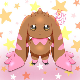 abstract_background ambiguous_gender anthro brown_body brown_eyes brown_fur chibi claws front_view fur long_ears looking_at_viewer pattern_background simple_background solo standing star-shaped_background star_polygon love_lopmon bandai_namco digimon digimon_(species) lopmon 1:1 hi_res signature