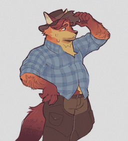 anthro bodily_fluids bottomwear clothing cowboy cowboy_hat hat headgear headwear humanoid_hands male pants shirt simple_background slightly_chubby solo standing sweat topwear khipart disney zootopia gideon_grey canid canine fox mammal 2025 hi_res
