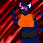 anthro big_breasts black_bottomwear black_clothing black_shorts blue_body blue_fur blue_hair bottomwear breasts cat_tail clothing female fur g-string hair highlights_(coloring) multicolored_hair navel null_symbol orange_clothing orange_shirt orange_topwear panties pants pink_hair red_eyes shirt shorts simple_background solo topwear underwear visible_underwear dahl domestic_cat felid feline felis mammal 1:1 hi_res