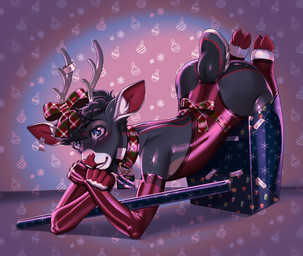 all_fours anthro antlers armwear bodysuit bow_ribbon clothing collar collar_tag elbow_gloves gift_wrapped gloves handwear holidays horn inner_ear_fluff latex latex_bodysuit latex_clothing latex_skinsuit male skinsuit solo tape tight_clothing tuft arh christmas deer mammal new_world_deer reindeer