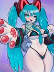 4_fingers accessory alternate_species anthro anthrofied armwear blue_eyes blue_hair blush bodily_fluids bottomwear bra breasts clothing extended_arm female fingers fist fur furrification hair headgear long_hair looking_at_viewer open_mouth pawpads pigtails pink_pawpads reaching_towards_viewer simple_background smile solo sweat tail thong underwear white_body white_fur white_tail wide_hips servalitas vocaloid catsune_miku hatsune_miku domestic_cat felid feline felis mammal hi_res
