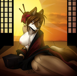 accessory amber_eyes anthro areola asian_clothing black_nose breasts brown_body brown_fur brown_hair clothed clothing detailed_background east_asian_clothing female female_anthro flower flower_in_hair fur hair hair_accessory japanese_clothing kimono looking_at_viewer nipples one_breast_out plant shoji skimpy solo sunset tail cherushi shishta_(cheru) canid canine canis domestic_dog german_shepherd herding_dog mammal pastoral_dog 2012 portrait