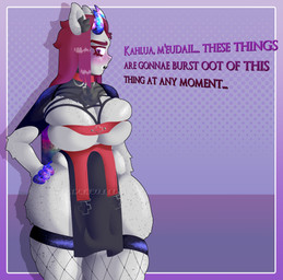 anthro antlers big_breasts big_penis black_lips black_lipstick blush breast_squish breasts bulge burgundy_hair bursting_breasts bursting_out butt clothed clothing collar costume dialogue ears_up embarrassed eyelashes fangs fishnet_clothing freckled_arms freckled_breasts freckled_butt freckled_ears freckled_legs freckled_thighs freckles genitals gynomorph hair hand_on_hip horn huge_breasts huge_penis intersex lips lipstick long_eyelashes long_hair looking_aside makeup nebula nervous penis pink_eyes scottish_accent shy skimpy skindentation slightly_chubby solo space squish teeth text tight_clothing capraviscera jackie_(capraviscera) jackalope lagomorph leporid mammal rabbit absurd_res english_text hi_res