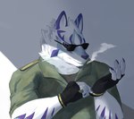 anthro claws clothing eyewear facial_markings finger_claws fingerless_gloves fur gloves handwear head_markings male markings military_uniform smoking solo sunglasses uniform white_body white_fur 581rsiy lifewonders live_a_hero sadayoshi canid canine mammal hi_res