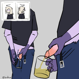 anthro belt black_clothing black_shirt black_topwear blonde_hair bodily_fluids bottomwear clothed clothing container cup denim denim_bottomwear denim_clothing fur genital_fluids genitals glass hair holding_object jeans looking_around male male_peeing medium_hair multicolored_body multicolored_fur pants peeing peeing_into_container peeing_into_cup penis purple_body purple_fur shirt simple_background solo topwear urine urine_in_container urine_in_cup watersports white_body white_fur borealhao lamapola vinea_(lamapola) domestic_ferret mammal mustelid musteline true_musteline weasel 1:1 2026 absurd_res digital_media_(artwork) hi_res nonbinary_(lore)