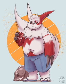 anthro backpack belly bottomwear can clothing container cute_fangs fangs fur male overweight overweight_anthro overweight_male red_body red_fur shorts solo teeth white_body white_fur kenobear dr_pepper nintendo pokemon generation_3_pokemon pokemon_(species) zangoose 2021 hi_res