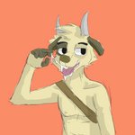 anthro bodily_fluids brown_nose clothed clothing cum cum_in_mouth cum_inside cum_on_face cum_on_tongue genital_fluids horn male simple_background solo tongue tongue_out topless ethan_forestfox xipe_totec_(roquemapache) bovid caprine goat mammal absurd_res hi_res