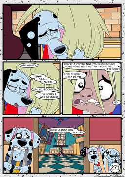 bite black_spots bodily_fluids dialogue female feral fur group hug hugging_another male speech_bubble spots tears text white_body white_fur redundantmodule 101_dalmatian_street 101_dalmatians disney delilah_(101_dalmatians) dolly_(101_dalmatians) doug_(101_dalmatians) dylan_(101_dalmatians) hunter_de_vil canid canine canis dalmatian domestic_dog human mammal comic english_text hi_res