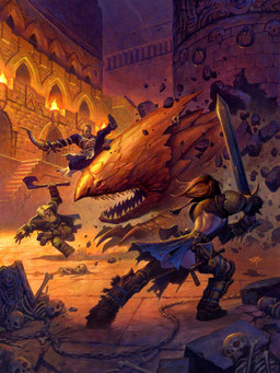 axe bald barbarian battle beard belt blonde_hair bone chain clothed clothing facial_hair female feral fire group hair knife male melee_weapon monk ranger red_eyes red_hair ruins short_hair skull sword weapon steve_prescott paizo pathfinder amiri harsk sajan annelid dwarf human humanoid mammal monster worm 3:4 hi_res traditional_media_(artwork)