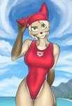 anthro arm_tuft big_breasts black_nose breasts brown_body brown_fur brown_hair clothing female fur green_eyes hair looking_at_viewer one-piece_swimsuit outside sea short_hair shoulder_tuft sky smile solo standing swimming_cap swimwear thigh_gap tuft water c91 canid canine canis mammal wolf absurd_res hi_res