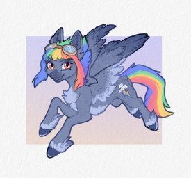 blonde_hair blue_body blue_feathers blue_fur blue_hair blue_tail blue_wings cutie_mark eyewear feathered_wings feathers female feral fur goggles green_hair green_tail hair hooves inner_ear_fluff looking_at_viewer orange_hair orange_tail purple_hair purple_tail red_eyes side_view simple_background smile solo tail teeth tuft wings yellow_tail yshanii friendship_is_magic hasbro my_little_pony mythology rainbow_dash_(mlp) equid equine mammal mythological_creature mythological_equine pegasus 2025 digital_drawing_(artwork) digital_media_(artwork)