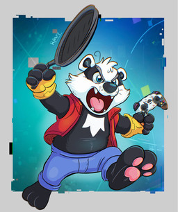 anthro blue_eyes bottomwear clothing controller cookware fingerless_gloves frying_pan fur game_controller gloves handwear kitchen_utensils male multicolored_body multicolored_fur pants pawpads shortstack solo tools toony topwear vest roolfy bradley_the_badger_(game) bradley_(bradley_the_badger) badger mammal mustelid musteline hi_res