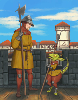 anthro armor beard belt billhook biped blonde_beard blonde_facial_hair blonde_hair bottomwear claws clothing detailed_background duo ear_piercing ear_ring facial_hair footwear furgonomics gambeson gauntlets gloves green_body hair halberd handwear headgear helmet holding_halberd holding_melee_weapon holding_object holding_polearm holding_weapon horn horn_jewelry horn_ring jewelry kettle_helmet larger_human larger_male male male_anthro male_human medieval_architecture medieval_clothing melee_weapon open_mouth open_smile pants piercing polearm poleyn red_bottomwear red_clothing red_pants ring_(jewelry) ring_piercing sabatons shoes size_difference smaller_anthro smaller_male smile smiling_at_another tail tail_armor tapering_tail thick_thighs timber_framed_architecture toe_claws topwear weapon wide_hips yellow_clothing yellow_eyes yellow_topwear goldcrustedchicken human kobold mammal scalie 2025 absurd_res digital_media_(artwork) hi_res