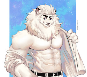 abs anthro barazoku belt biped bottomwear claws clothed clothing cosmic_background finger_claws fingers front_view fur humanoid_hands jacket looking_at_viewer male mane mascot muscular muscular_anthro muscular_male open_clothing open_jacket open_mouth open_smile open_topwear pants pecs simple_background smile solo space space_background text topwear undressing white_body white_bottomwear white_clothing white_fur white_mane white_pants white_topwear drakonika123 nippon_professional_baseball saitama_seibu_lions leo_(saitama_seibu_lions) felid lion mammal pantherine 2021 artist_name colored half-length_portrait hi_res portrait shaded