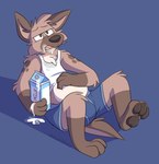 anthro barefoot beverage blue_background blue_boxer_briefs blue_clothing blue_underwear bodily_fluids boxer_briefs brown_body brown_eyes brown_fur brown_nose brown_pawpads bulge clothing feet fluid_on_mouth fur half-closed_eyes hand_on_belly male milk narrowed_eyes open_mouth pawpads shadow shirt simple_background sitting solo spilled_milk spots stained_clothing stained_shirt sweat tank_top text tongue_showing topwear underwear white_clothing white_shirt white_tank_top white_topwear mushketeery mushy_(mushketeteery) hyena mammal spotted_hyena english_text hi_res