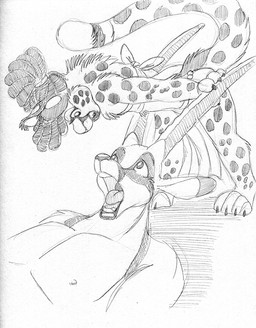 anthro bent_over bottomwear claws clothed clothing dreadlocks duo female fur horn horn_grab loincloth looking_down looking_up lying male markings on_back open_mouth predator/prey simple_background size_difference skimpy spots spotted_body spotted_fur toe_claws young wolfkidd antelope bovid cheetah felid feline gazelle mammal 2017 greyscale monochrome