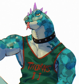 anthro athletic basketball_uniform brown_eyes clothing collar green_body green_scales head_spikes male mouth_piercing neck_piercing pecs piercing purple_spikes scales shirt simple_background solo spikes spikes_(anatomy) sportswear tank_top tongue tongue_out tongue_piercing topwear uniform white_background yellow_sclera alexlion_art goat_(movie) sony_corporation sony_pictures modo_olachenko komodo_dragon lizard monitor_lizard reptile scalie 2026 digital_media_(artwork)
