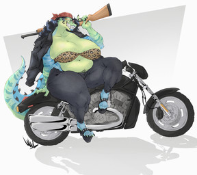 anthro bandanna_on_head belly big_belly big_breasts black_hair bra breasts clothing female footwear green_body green_scales grin hair high_heels huge_breasts mature_female motorcycle on_motorcycle overweight overweight_anthro overweight_female platform_footwear platform_heels pubes scales sharp_teeth shoes smile solo tail tan_spikes teeth thick_tail underwear vehicle dullvivid aunt_mae alligator alligatorid crocodilian reptile scalie hi_res