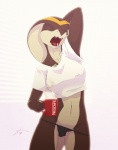 anthro big_breasts breasts clothed clothing coffee_mug container cup eyes_closed fangs female holding_container holding_cup holding_object jewelry midriff navel necklace non-mammal_breasts open_mouth panties product_placement skimpy solo teeth underwear yawn spotty_the_cheetah nescafe shandi reptile scalie snake 2011 hi_res