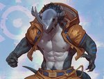 abs anthro armor body_hair clothed clothing happy_trail headgear helmet horn male muscular muscular_anthro muscular_male nipples open_clothing open_shirt open_topwear pecs pubes shirt solo topwear taran_fiddler bandai_namco digimon blackwargreymon digimon_(species) 4:3