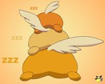 ambiguous_gender butt butt_stack featureless_crotch feral fur group logo orange_background orange_body orange_fur rear_view simple_background sleeping sound_effects trio vowelless vowelless_sound_effect young young_feral zzz pichu90 nintendo pokemon generation_9_pokemon pawmi pawmo pawmot pokemon_(species) 2023 artist_logo