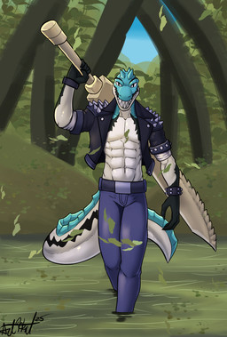 abs anthro clothing grey_body holding_melee_weapon holding_object holding_sword holding_weapon jacket large_sword male male_anthro melee_weapon muscular muscular_anthro muscular_male outside plant sharp_teeth shirtless shirtless_anthro shirtless_male solo swamp sword tail teeth topwear tree weapon bear213 dinosaur prehistoric_species reptile scalie digital_media_(artwork) hi_res