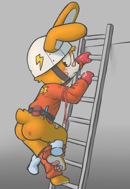 anthro armor assisted_exposure band-aid bandage biped blush blush_lines breath bubble_butt butt climbing climbing_ladder clothing electrician embarrassed headgear helmet ladder lightning_bolt_print male pantsing pawpads side_view simple_background solo tail tool_belt tools uniform badipoki oob_(character) lagomorph leporid mammal rabbit absurd_res hi_res