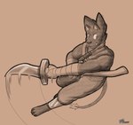 action_pose bottomwear clothing glaive jumping knife male melee_weapon muscular muscular_male pants polearm pose red_eyes shawl shin_guards solo swinging_weapon weapon fourssss rex_(fours) warg_(fours) hi_res sketch