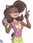 anthro beverage brown_body brown_fur brown_hair eyeshadow female food fruit fur gesture hair hand_gesture makeup melon plant red_eyes smile soda solo v_sign watermelon ashesg activision crash_bandicoot_(series) tawna_bandicoot bandicoot mammal marsupial