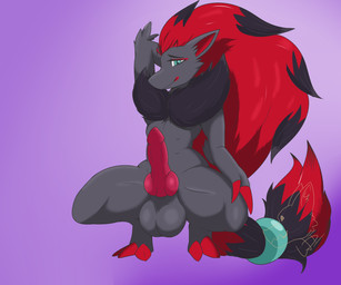 3_toes anthro balls big_balls claws crouching erection feet fluffy genitals green_eyes hair knot knotted_penis male multicolored_body penis presenting presenting_penis red_claws red_hair simple_background smile solo thick_thighs toes two_tone_body wdigni42 nintendo pokemon generation_5_pokemon pokemon_(species) zoroark 6:5 hi_res shaded watermark