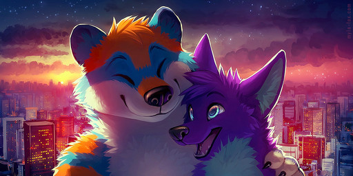 anthro arm_tuft backlighting black_claws blue_body blue_eyes blue_fur cheek_tuft chest_tuft claws closed_smile cloud detailed_background duo eyes_closed facial_tuft fangs front_view fur head_tuft hug light male mouth_closed neck_tuft night open_mouth open_smile outside pink_tongue purple_body purple_fur shoulder_tuft sky smile sunset teeth text tongue tuft white_body white_fur mylafox ailurid bear canid canine fox hybrid mammal polar_bear red_panda ursine 2019 2:1 lighting url
