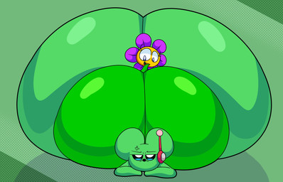 ambiguous_gender anthro big_butt butt cross-popping_vein duo electronics eyebrows eyelashes female flower front_view green_body green_ears headgear headphones headset huge_butt hyper hyper_butt looking_at_another looking_down lying monotone_body narrowed_eyes nude on_front open_mouth open_smile plant simple_background smile cyandrive98 flower_(cyandrive98) squeak_(cyandrive98) elemental_creature flora_fauna flower_creature mammal mouse murid murine rodent 2025 absurd_res digital_drawing_(artwork) digital_media_(artwork) hi_res