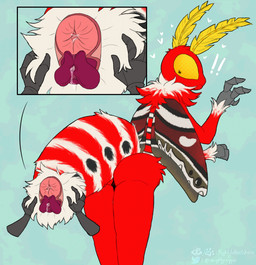 4_arms anal_fluids antennae_(anatomy) anthro anus arthropod_abdomen arthropod_abdomen_anus arthropod_abdomen_genitalia arthropod_abdomen_penis big_anus big_penis bodily_fluids butt compound_eyes disembodied_hand genital_fluids genitals grey_hands hands_on_arthropod_abdomen insect_wings lepidopteran_wings male multi_arm multi_limb multicolored_body neck_tuft nude penis precum presenting presenting_anus pseudo_pupils rear_view red_body striped_abdomen stripes surprised tuft white_body wings yellow_antennae yellow_eyes mightywheelchair vega_frith arthropod cecropia_moth insect lepidopteran moth saturniid hi_res portrait three-quarter_portrait