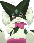 3_fingers ambiguous_anthro ambiguous_gender anthro biped cute_fangs eyelashes fangs fingers foreshortening frill_(anatomy) front_view fur green_body green_fur head_tuft kemono looking_at_viewer mask monotone_body monotone_fur neck_frill nude pawpads perspective pink_eyes pink_pawpads pink_tongue pseudo_clothing reaching_towards_viewer simple_background smile solo sound_effects teeth text tongue tuft white_background suru56nee nintendo pokemon felid feline generation_9_pokemon mammal meowscarada pokemon_(species) 2024 4:5 bust_portrait colored digital_media_(artwork) hi_res japanese_text portrait shaded translated