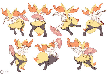 3_fingers 3_toes ambiguous_gender anthro arm_tuft black_body black_fur cheek_tuft chest_tuft dipstick_tail facial_tuft feet fingers folding_fan fur holding_object looking_at_viewer looking_away markings multiple_poses orange_body orange_eyes orange_fur orange_nose pose semi-anthro shoulder_tuft simple_background solo stick tail tail_markings toes tuft white_background white_body white_fur yellow_body nakios nintendo pokemon braixen canid canine fox generation_6_pokemon mammal pokemon_(species) 2020 absurd_res hi_res signature sketch_page