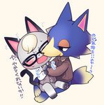 anthro blonde_hair blue_body blue_fur blush duo eyewear fur glasses grey_body grey_fur hair interspecies male male/male on_lap text nobinolife animal_crossing nintendo raymond_(animal_crossing) wolfgang_(animal_crossing) canid canine canis domestic_cat felid feline felis mammal wolf japanese_text translation_check translation_request