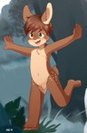 anthro balls blush brown_body brown_fur brown_hair chest_tuft countershading flaccid foreskin forest fur genitals green_eyes hair male navel nipples nude penis plant raining running solo tree tuft young young_anthro young_male elly_(artist) flip_bunny lagomorph leporid mammal rabbit 2019 absurd_res hi_res