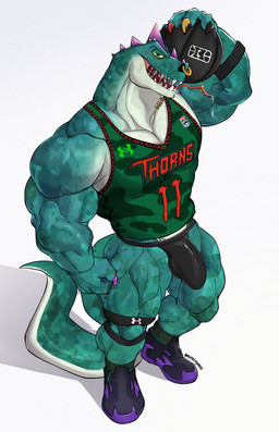 anthro ball basketball_(ball) basketball_uniform biceps big_muscles black_clothing black_underwear bodily_fluids bulge calf_muscles clothed clothing collar colored_nails deltoids detailed_bulge facial_piercing footwear forearm_muscles genital_outline green_body green_clothing green_scales green_shirt green_topwear head_spikes holding_object jockstrap legband looking_at_viewer male multicolored_claws muscular muscular_anthro muscular_male nails neck_piercing nose_piercing nose_ring piercing purple_spikes quads ring_piercing saliva scales septum_piercing septum_ring shirt shoes simple_background solo spikes spikes_(anatomy) sportswear studded_collar studs tail text text_on_clothing text_on_shirt text_on_topwear thick_thighs tongue tongue_out tongue_piercing topwear triceps underwear uniform white_background yellow_sclera wolfblack43 goat_(movie) sony_corporation sony_pictures under_armour modo_olachenko komodo_dragon lizard monitor_lizard reptile scalie 2026 absurd_res digital_media_(artwork) hi_res