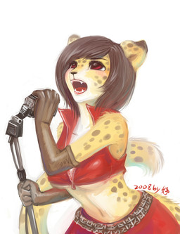 alternate_species anthro armwear breasts clothed clothed_anthro clothed_female clothing crop_top elbow_gloves electronics fangs female female_anthro fur gloves hair handwear holding_microphone holding_object markings microphone midriff navel red_clothing red_eyes shirt simple_background solo spots spotted_body spotted_fur spotted_markings spotted_tail tail tail_markings teeth three-quarter_view topwear under_boob whiskers white_background salihombox vocaloid yamaha_corporation meiko_(vocaloid) cheetah felid feline mammal 2008 chinese_description dated digital_media_(artwork) hi_res