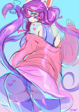 anthro clothed clothed_female clothing female hair panties presenting_panties presenting_underwear purple_hair slim smile solo underwear yuwi-cyu domestic_cat felid feline felis mammal colored_sketch hi_res sketch
