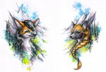 black_hair day detailed_background green_eyes hair outside smile elkir canid canine fox mammal 2021 absurd_res hi_res tagme traditional_media_(artwork)