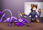 anthro beverage breasts butt coffee duo female furniture inflatable living_sex_toy male nude purple_body jasentamiia redflare500 able_ellis renee_(jasen_tamiia) animate_inanimate canid canine fox living_inflatable living_sex_doll mammal hi_res