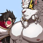 anthro clothed clothing duo female fur hair looking_at_chest male male/female muscular pecs drks girl_staring_at_man's_chest league_of_legends riot_games tencent rengar_(lol) vayne_(lol) felid human lion mammal pantherine 1:1 hi_res meme