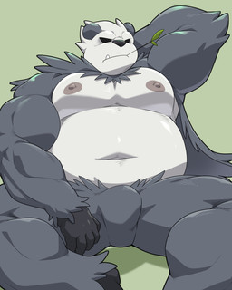 anthro barazoku big_muscles big_pecs black_body black_eyes black_fur bulge erect_nipples featureless_crotch fur green_background hand_behind_head hand_behind_own_head hand_on_leg hand_on_thigh male musclegut muscular muscular_anthro muscular_male natural_cape navel nipples nude nude_anthro nude_male one_fang pecs sharp_teeth simple_background snout solo teeth twig twig_in_mouth white_body maldu nintendo pokemon bear generation_6_pokemon mammal pangoro pokemon_(species) 4:5 absurd_res hi_res