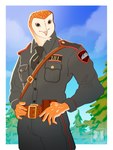 3:4 absurd_res anthro avian barn_owl beak belt belt_buckle bird black_necktie brown_body brown_eyes brown_feathers clothed clothing detailed_background feathers fully_clothed hi_res kathai male markings necktie owl police police_uniform rhode_island_police solo spots spotted_body spotted_feathers tyto tytonid uniform unnamed_character white_face